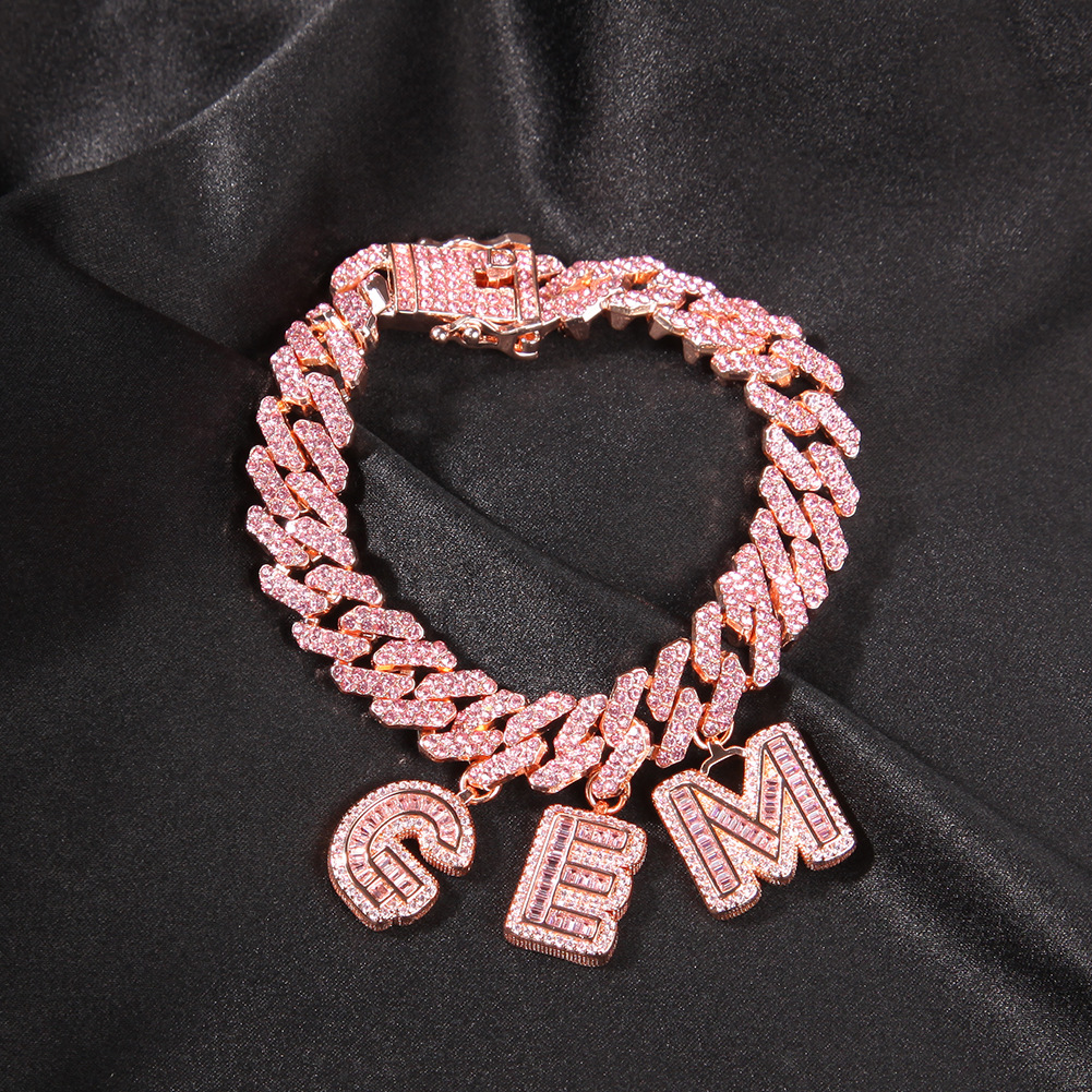 TopBling A-Z Custom Name Letters Pendant Necklaces Bracelets 12mm Cuban Link Chain Bracelet Rose Gold Plated