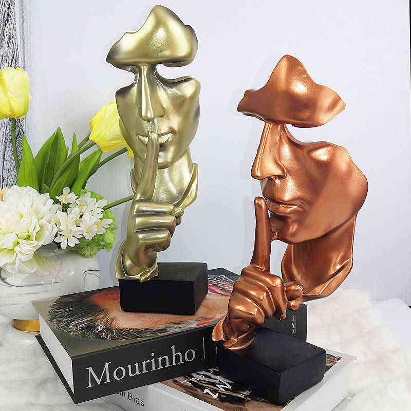 Decorative Objects Figurines Silence is Gold Statue Resin Abstract Face Sculpture Art Craft Living Room Office Home Decoration Ornaments T220902