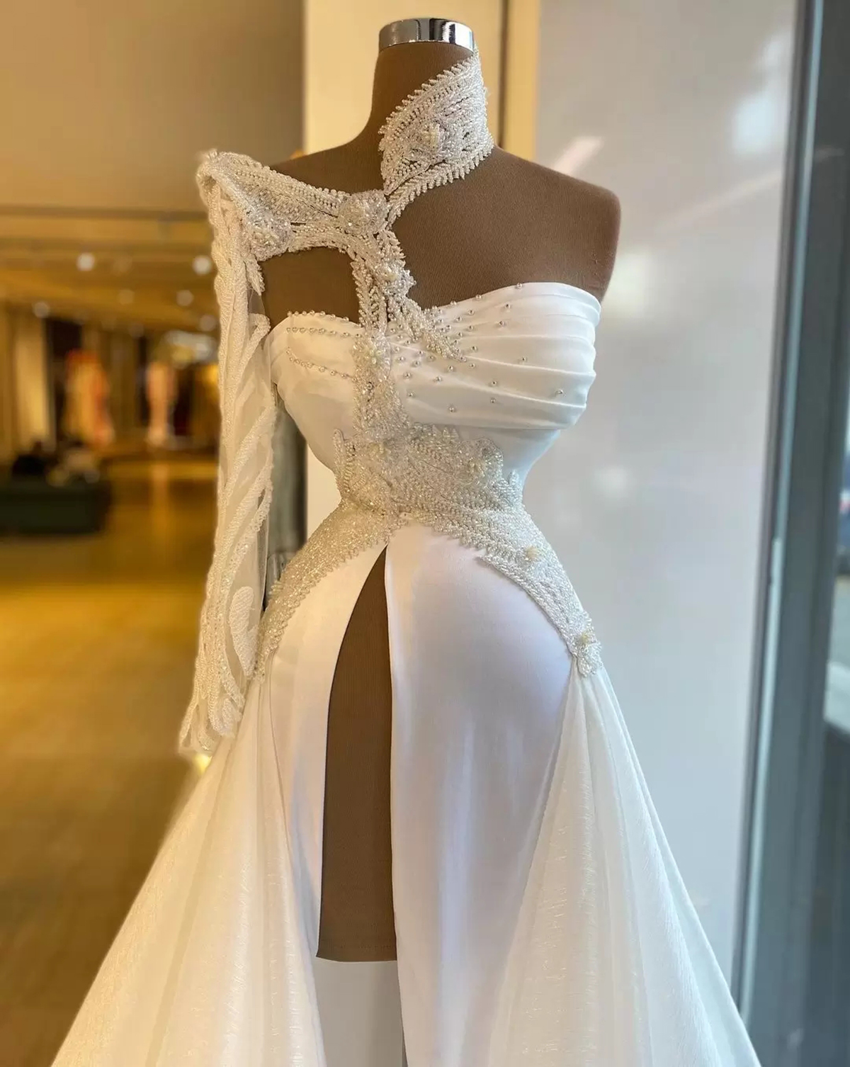 Exquisite Beads Mermaid Wedding Dress One Shoulder Arabic High Neck Trumpet Spilt Bridal Gowns Robe De Soiree