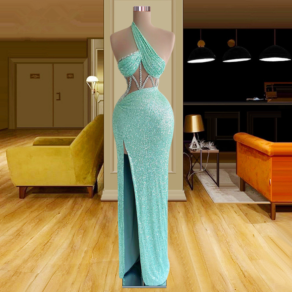 Glitter Sequined Prom Dresses Sleeveless Crystals Party Dresses Mint Green High Slit Floor Length Custom Made Evening Dress