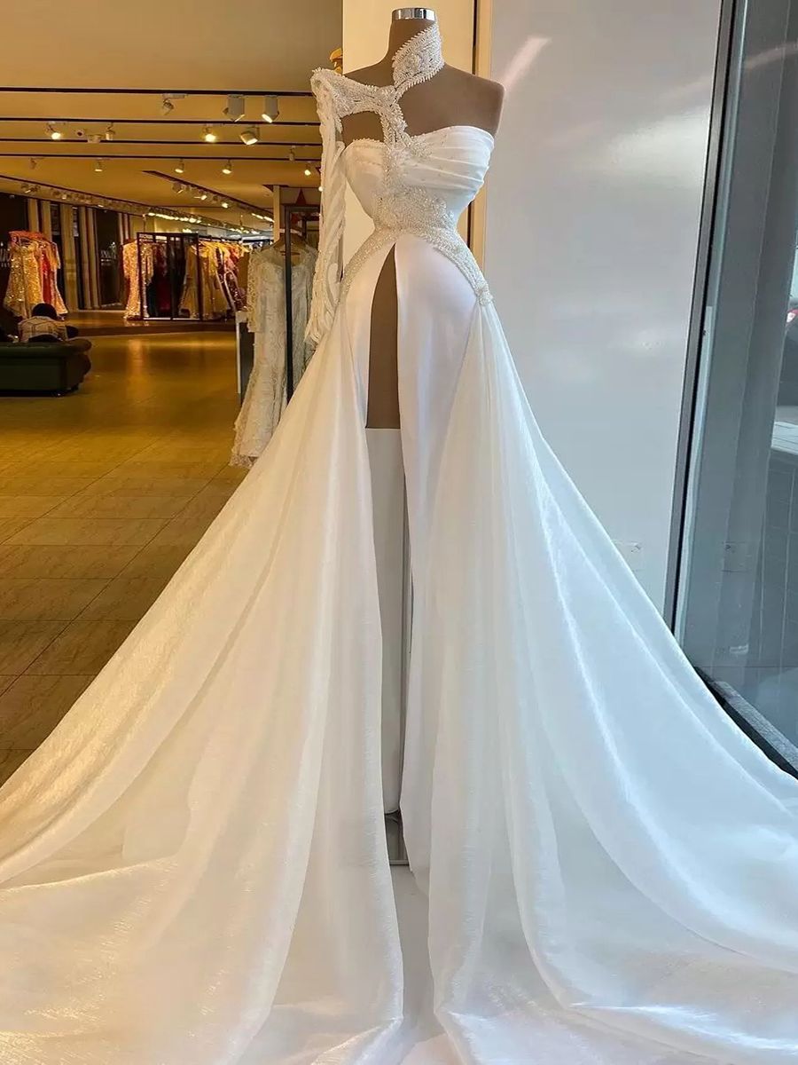 Exquisite Beads Mermaid Wedding Dress One Shoulder Arabic High Neck Trumpet Spilt Bridal Gowns Robe De Soiree