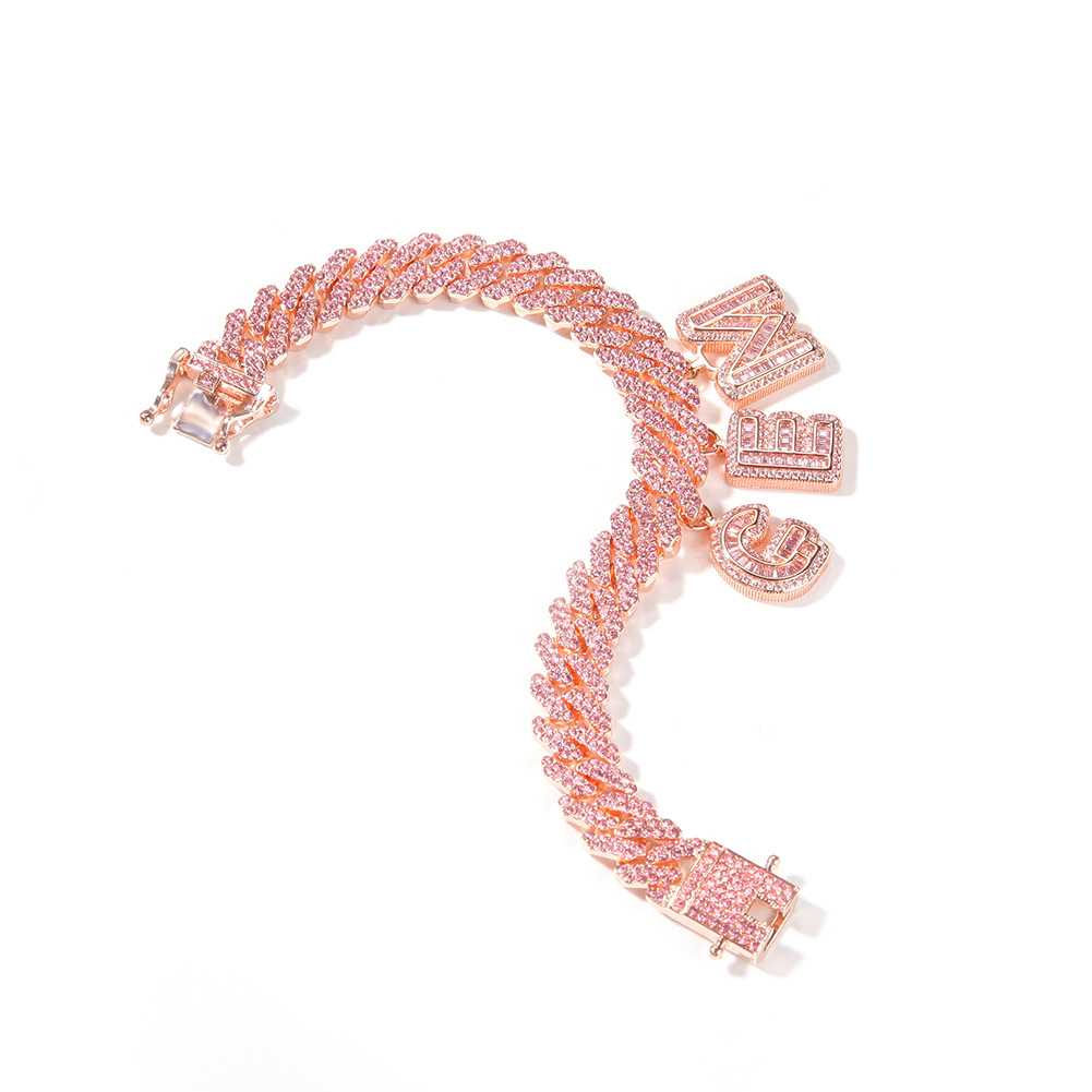 TopBling A-Z Custom Name Letters Pendant Necklaces Bracelets 12mm Cuban Link Chain Bracelet Rose Gold Plated