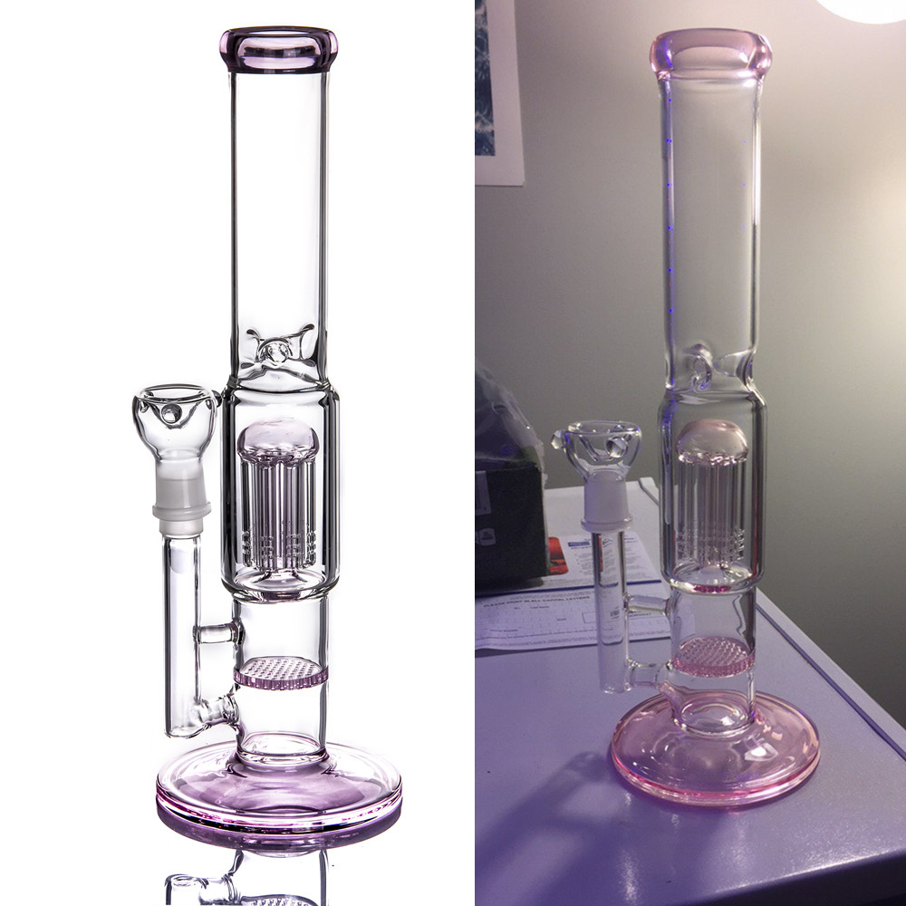 Pink Thick Glass Hookahs Arm Tree Perc Bongs Water Pipe Bubbler with Honeycomb Recycler Smoking Oil Dab Rig