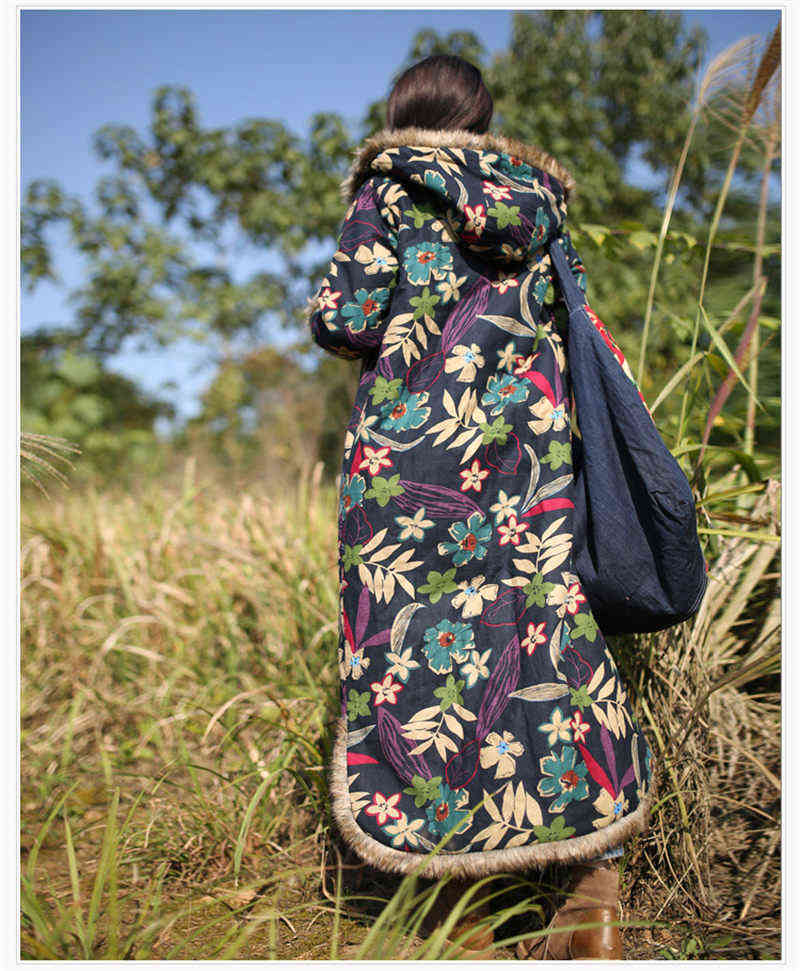 Women's Down Parkas Ethnic Style Winter Coat Fur Collar Long Dust Coat Windbreaker Cotton Linen Vintage Cotton Padded Clothes Jaqueta Feminina f1