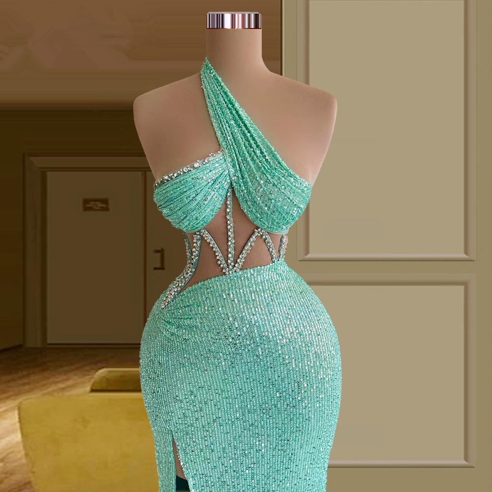 Glitter Sequined Prom Dresses Sleeveless Crystals Party Dresses Mint Green High Slit Floor Length Custom Made Evening Dress