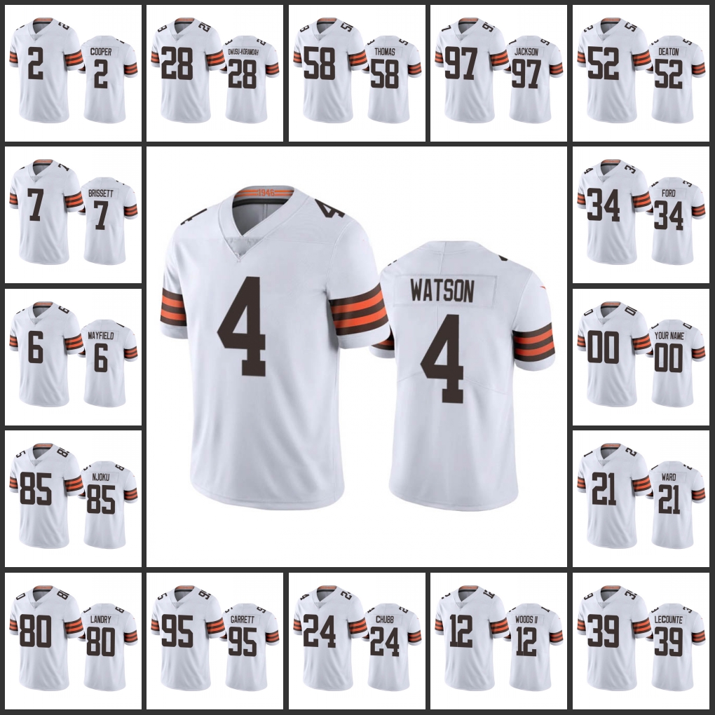 Jersey Cleveland''Browns''Men 2 Amari Cooper 4 Deshaun Watson 21 Denzel Ward 24 Nick Chubb 6 Baker Mayfield Women Youth Custom White