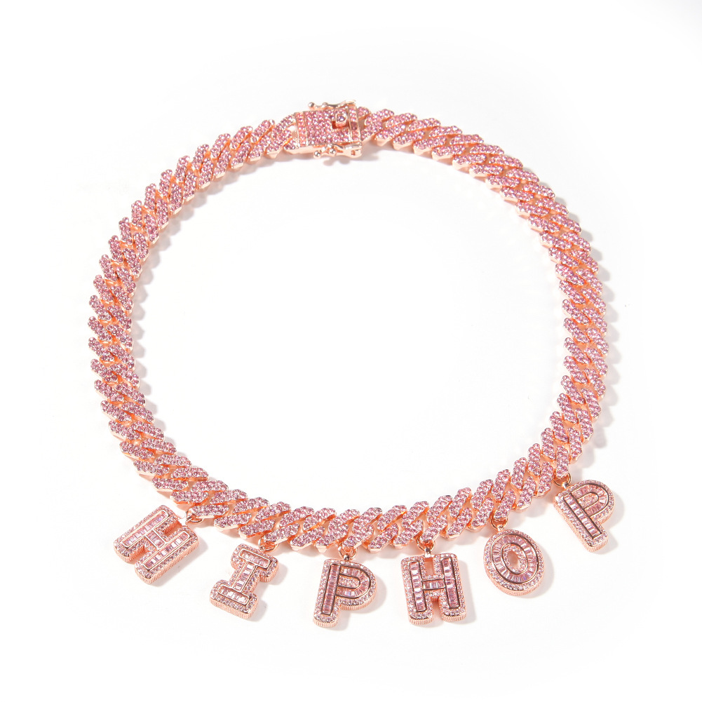 TopBling A-Z Custom Name Letters Pendant Necklaces Bracelets 12mm Cuban Link Chain Bracelet Rose Gold Plated