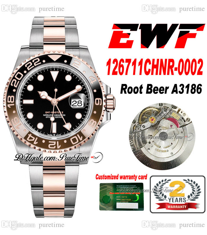 EWF GMT Root Beer A3186 Automatic Mens Watch 12671 Two Tone RG Cola Black Brown Ceramics Bezel Black Dial 904L Steel OysterSteel Bracelet Super Edition Puretime F6, Custom warranty card
EWF GMT Root Beer A3186 Automatic Mens Watch 12671 Two Tone RG Cola Black Brown Ceramics Bezel Black Dial 904L Steel OysterSteel Bracelet Super Edition Puretime F6, Custom warranty card