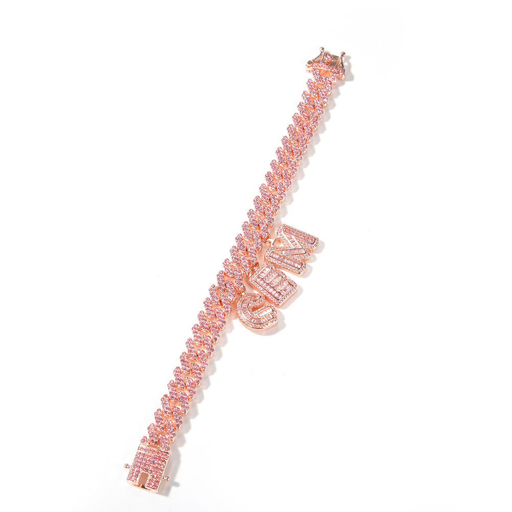 TopBling A-Z Custom Name Letters Pendant Necklaces Bracelets 12mm Cuban Link Chain Bracelet Rose Gold Plated