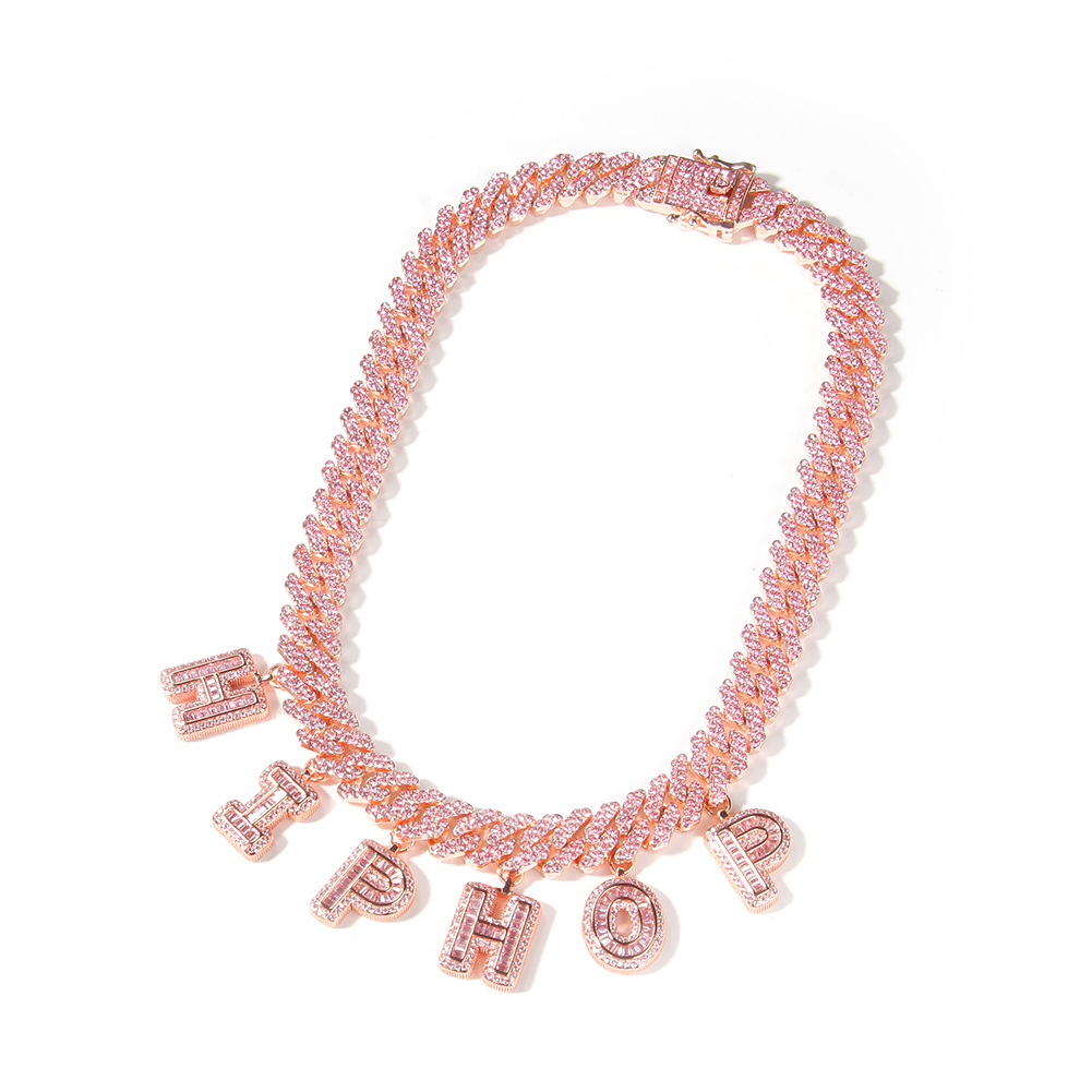 TopBling A-Z Custom Name Letters Pendant Necklaces Bracelets 12mm Cuban Link Chain Bracelet Rose Gold Plated