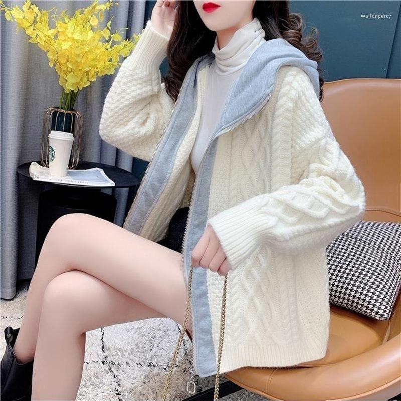 Women's Knits Spring Autumn Long Sleeve Sweater Cardigan Coat Women Korean Fashion Casual Knitted Female Hooded Jacket Zipper Blue
