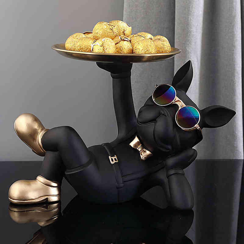 Decorative Objects Figurines French Bulldog Home Room Decoration Dog Statue Desk Decoration Decorative Stainless Steel Tray Animal Figurines Table Dec