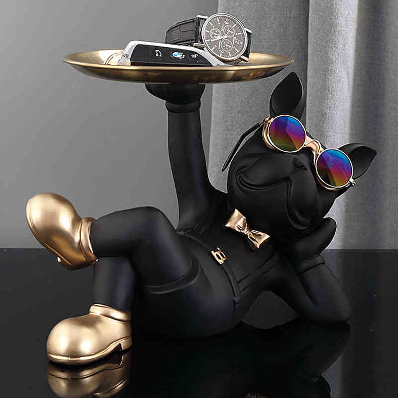 Decorative Objects Figurines French Bulldog Home Room Decoration Dog Statue Desk Decoration Decorative Stainless Steel Tray Animal Figurines Table Dec