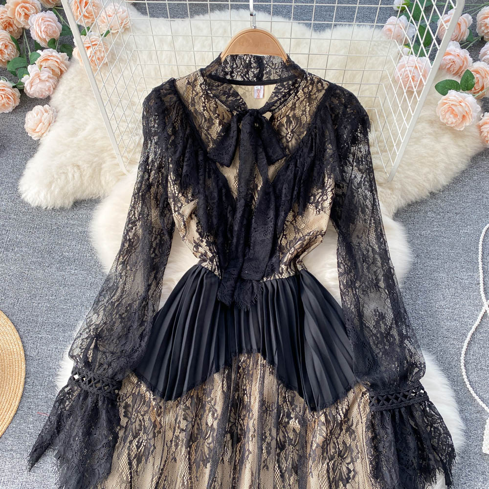 Spring Autumn Elegant Women Bow Lace Patchwork Dress Vintage Puff Sleeve Ruffled Long Dress Pleated Dress for Party 2023