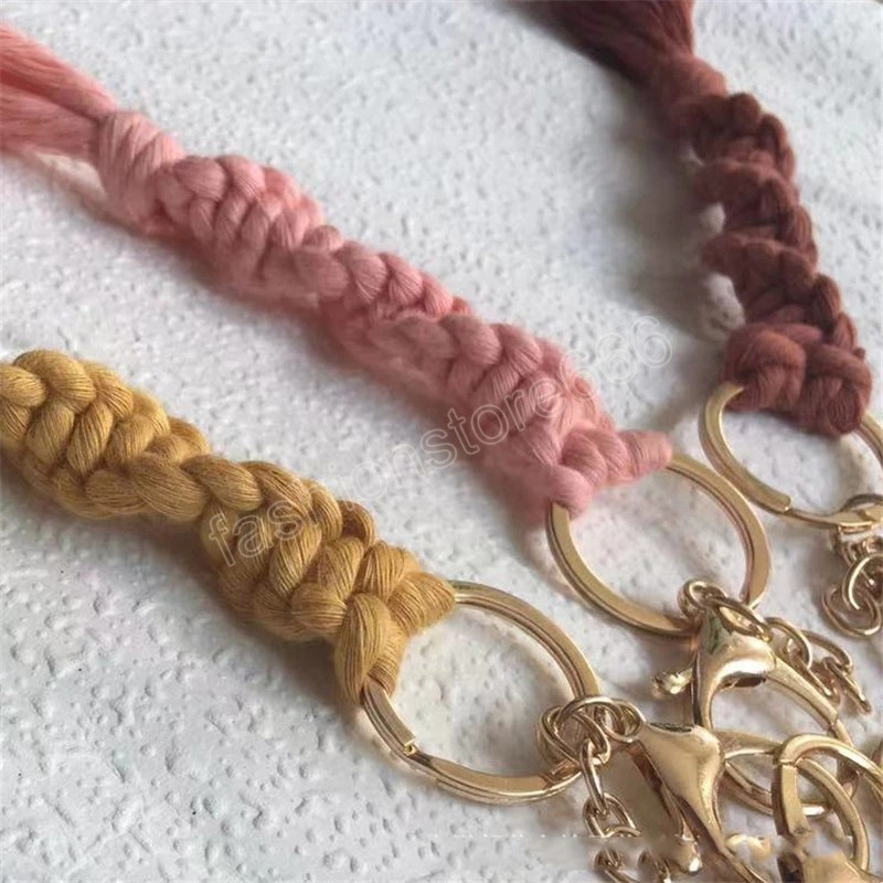 Boho Key Ring Macrame Wristlet Lanyard Keychain Handmade Braided Weave Gold Color Lobster Clasps Bohemian Keychains Accessories