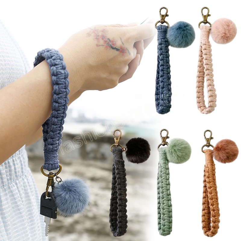 Macrame Woven Handmade Key chains Ornament Fur Ball Wrist Strap Keyring Personalized Car Keychain Keys Holder For Women