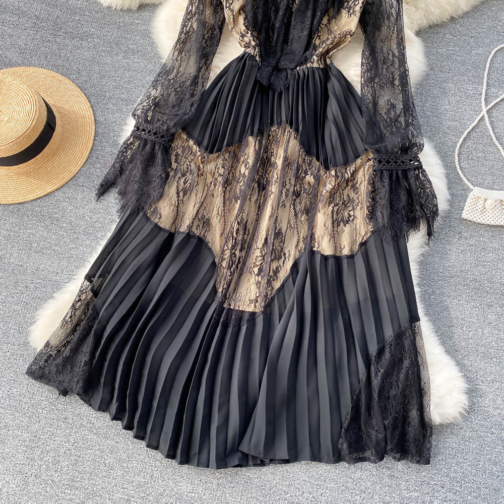 Spring Autumn Elegant Women Bow Lace Patchwork Dress Vintage Puff Sleeve Ruffled Long Dress Pleated Dress for Party 2023