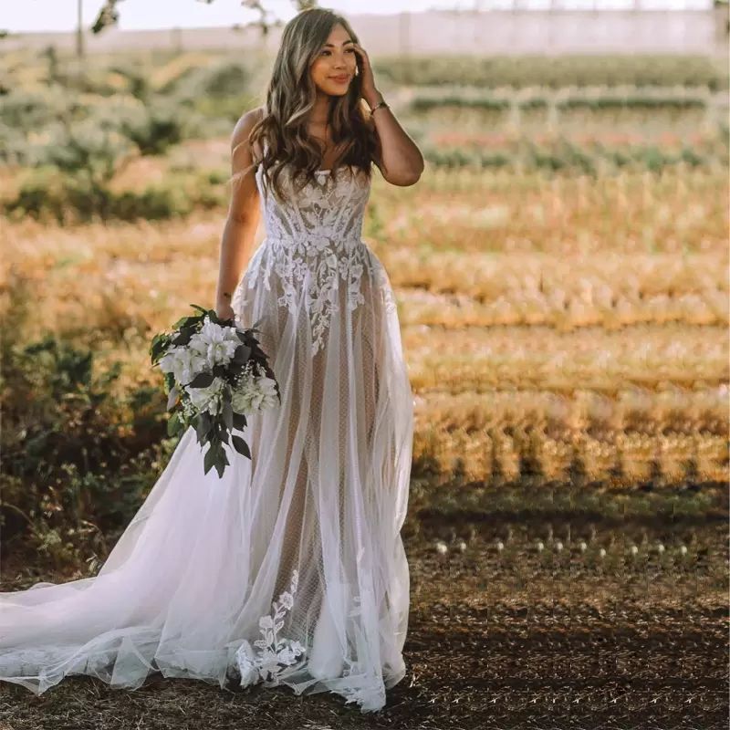 Boho Gorgeous Wedding Dresses Bridal Gown Lace Applique Tulle Sleeveless Spaghetti Straps Sweep Train A E Custom Made Vestido De Novia Plus Size