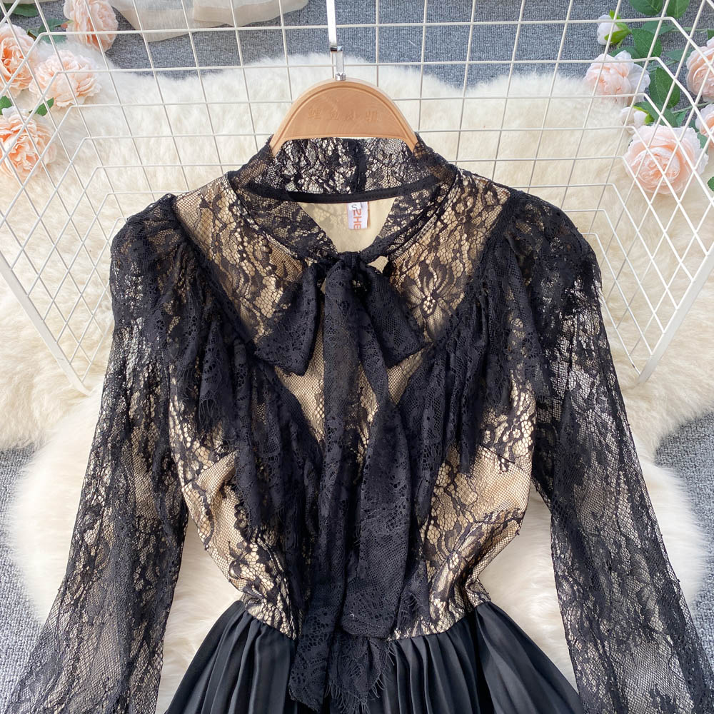 Spring Autumn Elegant Women Bow Lace Patchwork Dress Vintage Puff Sleeve Ruffled Long Dress Pleated Dress for Party 2023