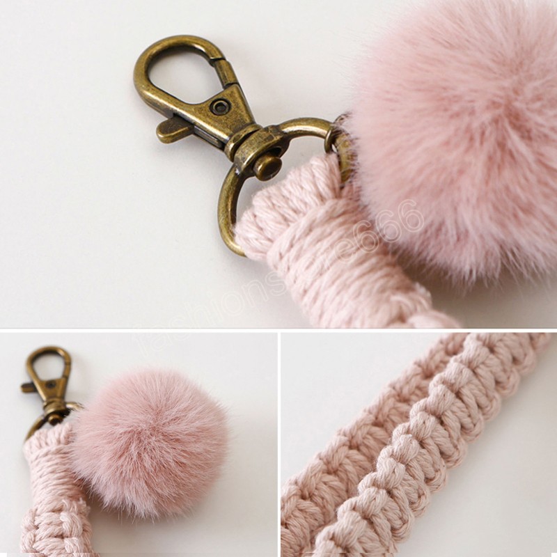 Macrame Woven Handmade Key chains Ornament Fur Ball Wrist Strap Keyring Personalized Car Keychain Keys Holder For Women