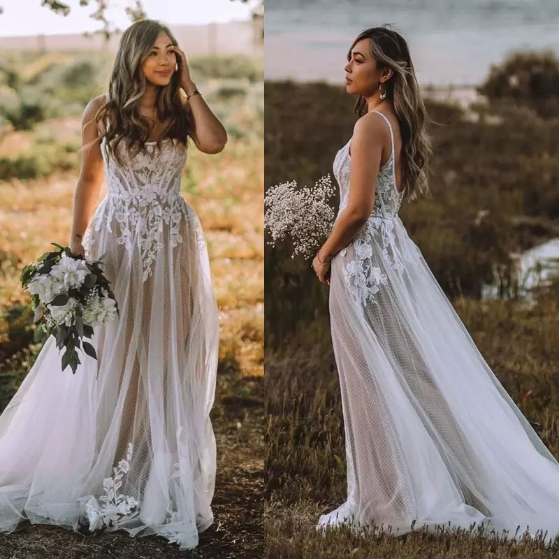 Boho Gorgeous Wedding Dresses Bridal Gown Lace Applique Tulle Sleeveless Spaghetti Straps Sweep Train A E Custom Made Vestido De Novia Plus Size