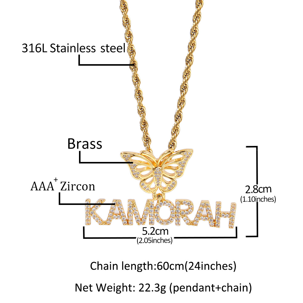 TopBling Custom Pendant Name Charm Letters Butterfly Clasp 18k Real Gold Plated For Women Men Iced Out Jewelry