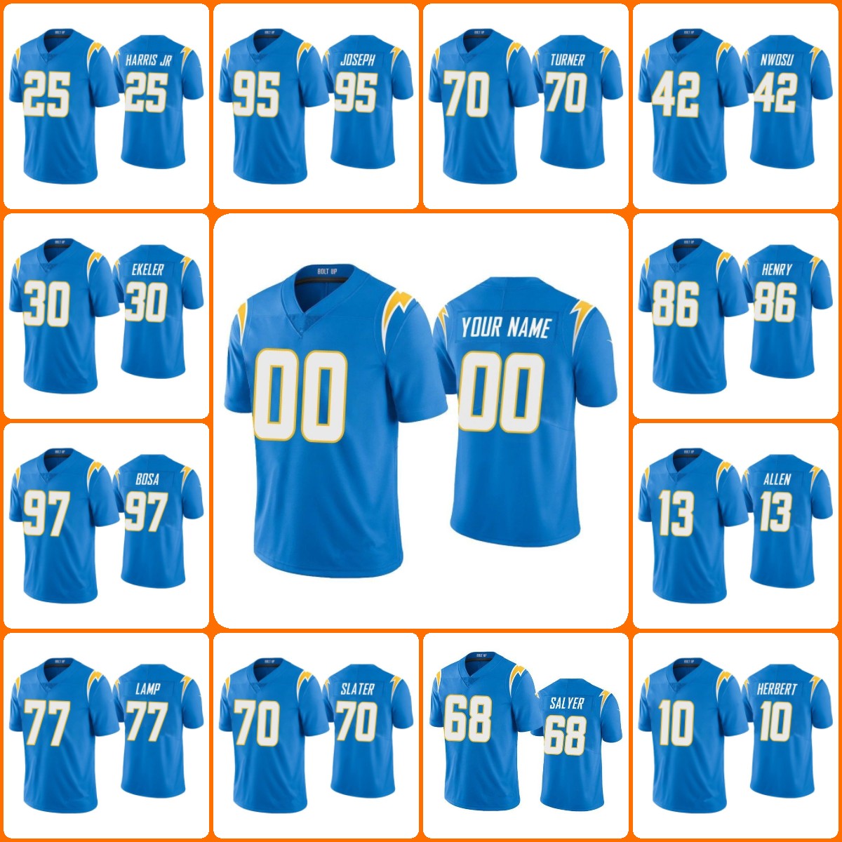 Jersey Wholesale Custom Rashawn Slater Justin Herbert Joey Bosa Keenan Allen Derwin James Jersey Los Angeles''Chargers''MEN''NFL''Youth, 10
Jersey Wholesale Custom Rashawn Slater Justin Herbert Joey Bosa Keenan Allen Derwin James Jersey Los Angeles''Chargers''MEN''NFL''Youth, 10