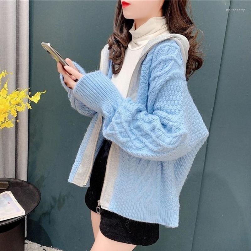 Women's Knits Spring Autumn Long Sleeve Sweater Cardigan Coat Women Korean Fashion Casual Knitted Female Hooded Jacket Zipper Blue