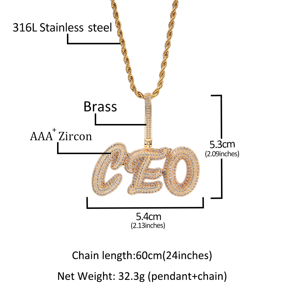Custom Letters Name Pendant Necklace Charm Bling Iced Out Zircon Real Gold Plated For Men Women Jewelry