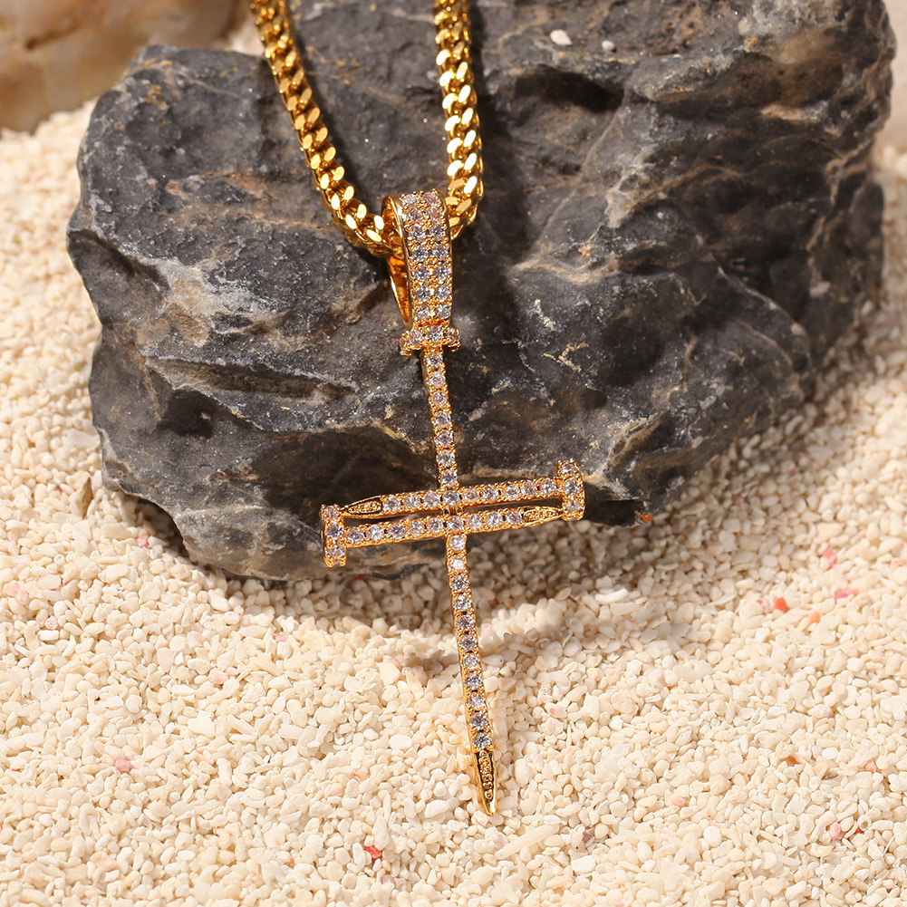 Hip Hop Nail Cross Pendant Necklace TopBling Religious Jewelry Full Cubic Zirconia 18K Real Gold Plated