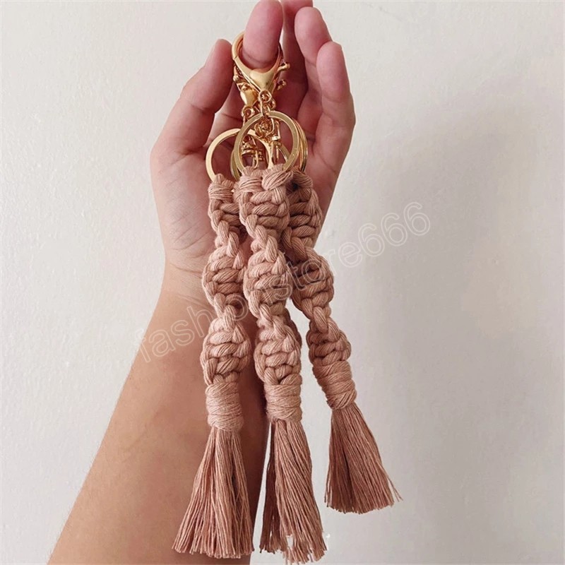Boho Key Ring Macrame Wristlet Lanyard Keychain Handmade Braided Weave Gold Color Lobster Clasps Bohemian Keychains Accessories