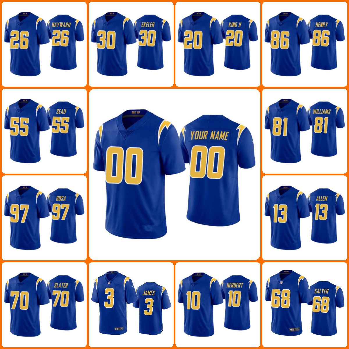 Jersey Custom Khalil Mack Rashawn Slater Justin Herbert Joey Bosa Keenan Allen Derwin James Los Angeles''Chargers'''MEN''NFL''Youth Men, 12
Jersey Custom Khalil Mack Rashawn Slater Justin Herbert Joey Bosa Keenan Allen Derwin James Los Angeles''Chargers'''MEN''NFL''Youth Men, 12