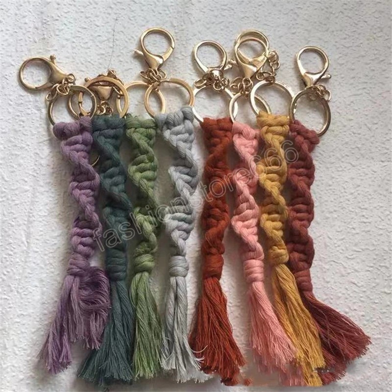 Boho Key Ring Macrame Wristlet Lanyard Keychain Handmade Braided Weave Gold Color Lobster Clasps Bohemian Keychains Accessories
