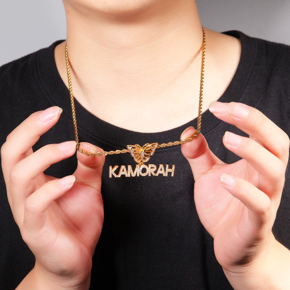TopBling Custom Pendant Name Charm Letter Butterfly 18k Real Gold Plated For Men Iced Out