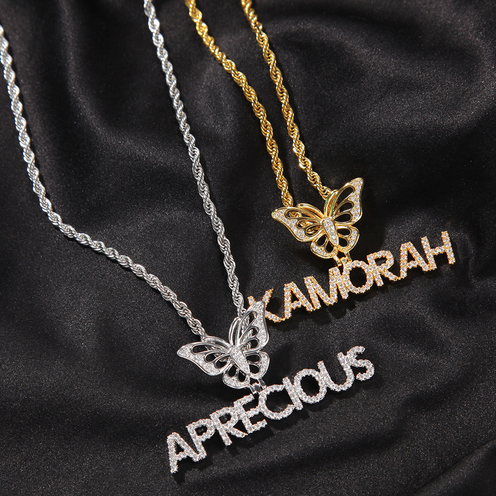 TopBling Custom Pendant Name Charm Letter Butterfly 18k Real Gold Plated For Men Iced Out