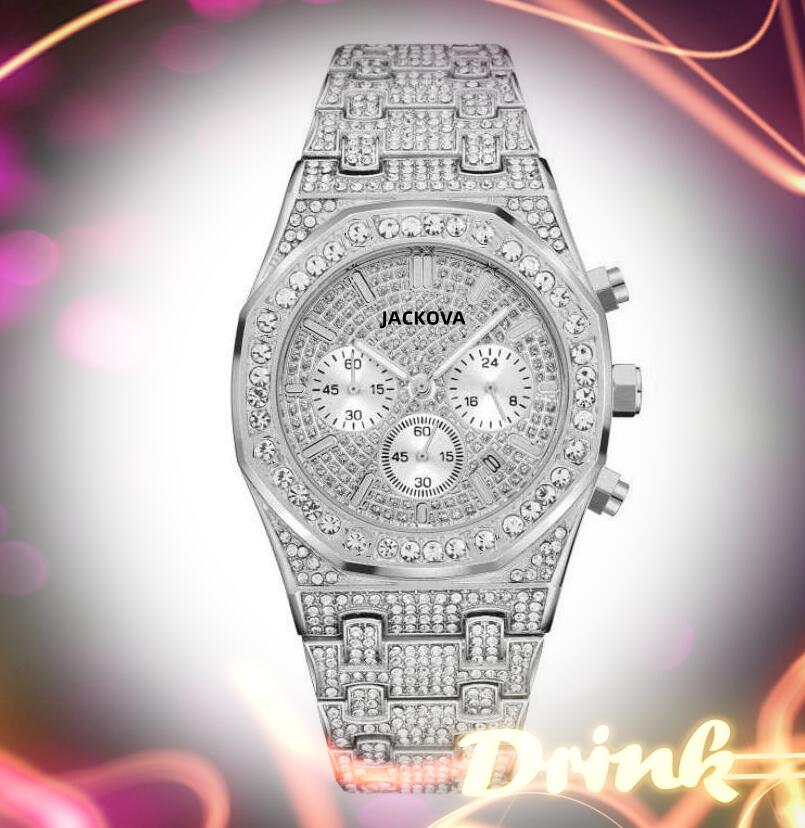 big quartz fashion mens time clock watches stopwatch 43mm auto date full functional diamonds ring male gifts wristwatch relogios