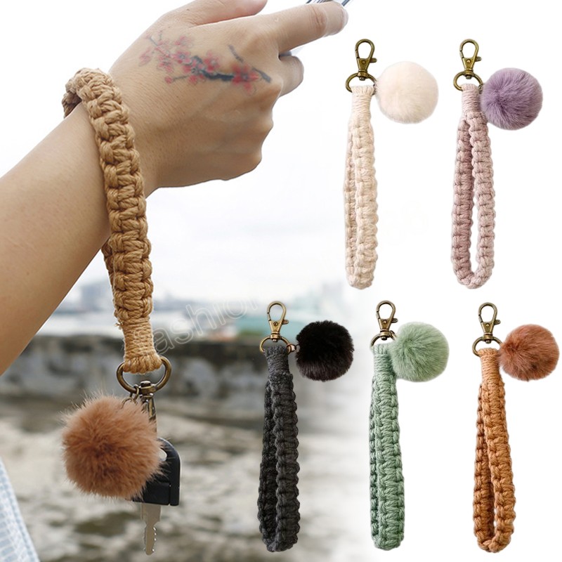 Macrame Woven Handmade Key chains Ornament Fur Ball Wrist Strap Keyring Personalized Car Keychain Keys Holder For Women