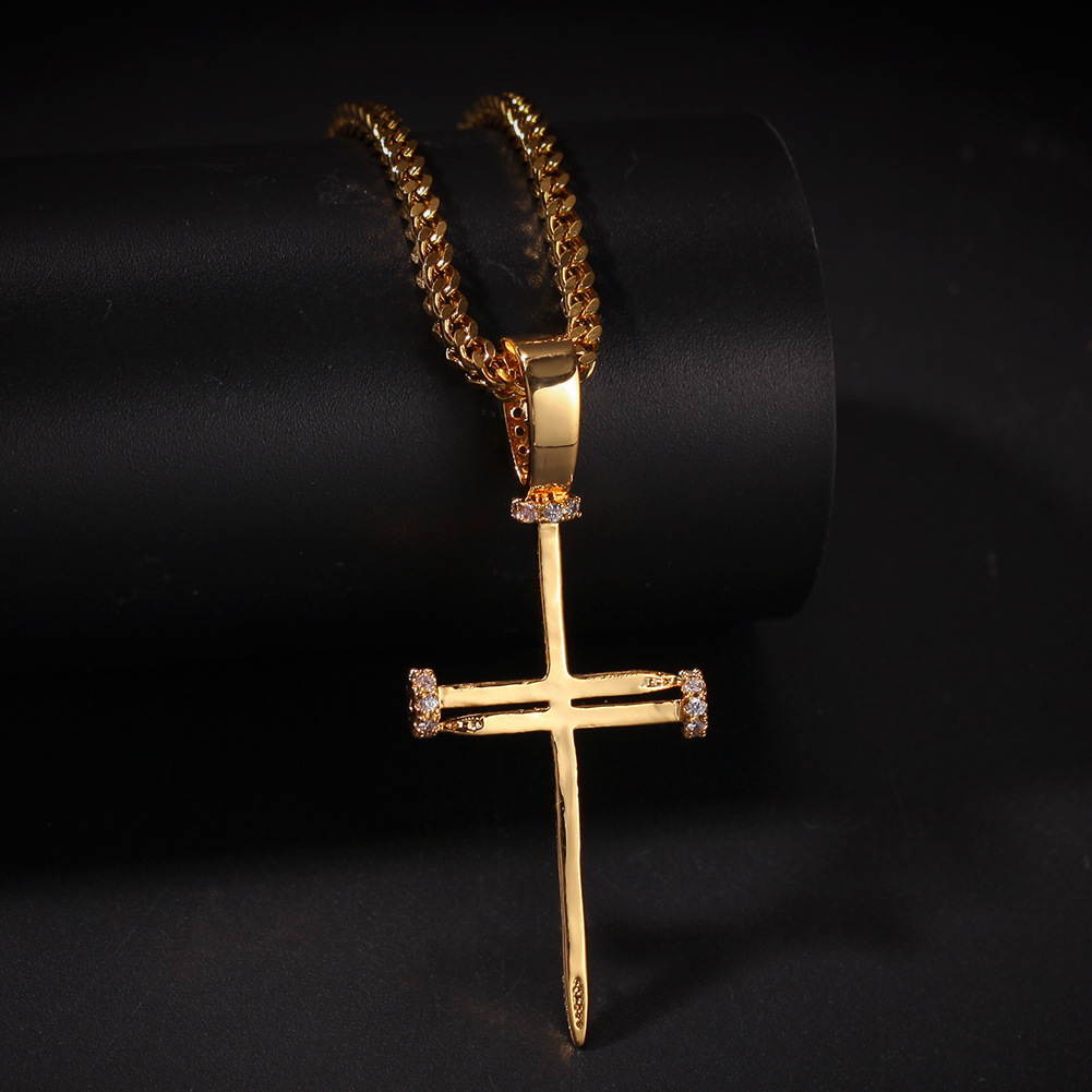 Hip Hop Nail Cross Pendant Necklace TopBling Religious Jewelry Full Cubic Zirconia 18K Real Gold Plated