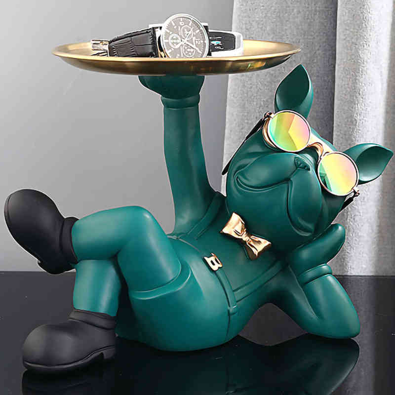 Decorative Objects Figurines French Bulldog Home Room Decoration Dog Statue Desk Decoration Decorative Stainless Steel Tray Animal Figurines Table Dec