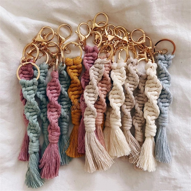 Boho Key Ring Macrame Wristlet Lanyard Keychain Handmade Braided Weave Gold Color Lobster Clasps Bohemian Keychains Accessories