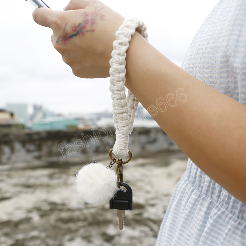 Macrame Woven Handmade Key chains Ornament Fur Ball Wrist Strap Keyring Personalized Car Keychain Keys Holder For Women