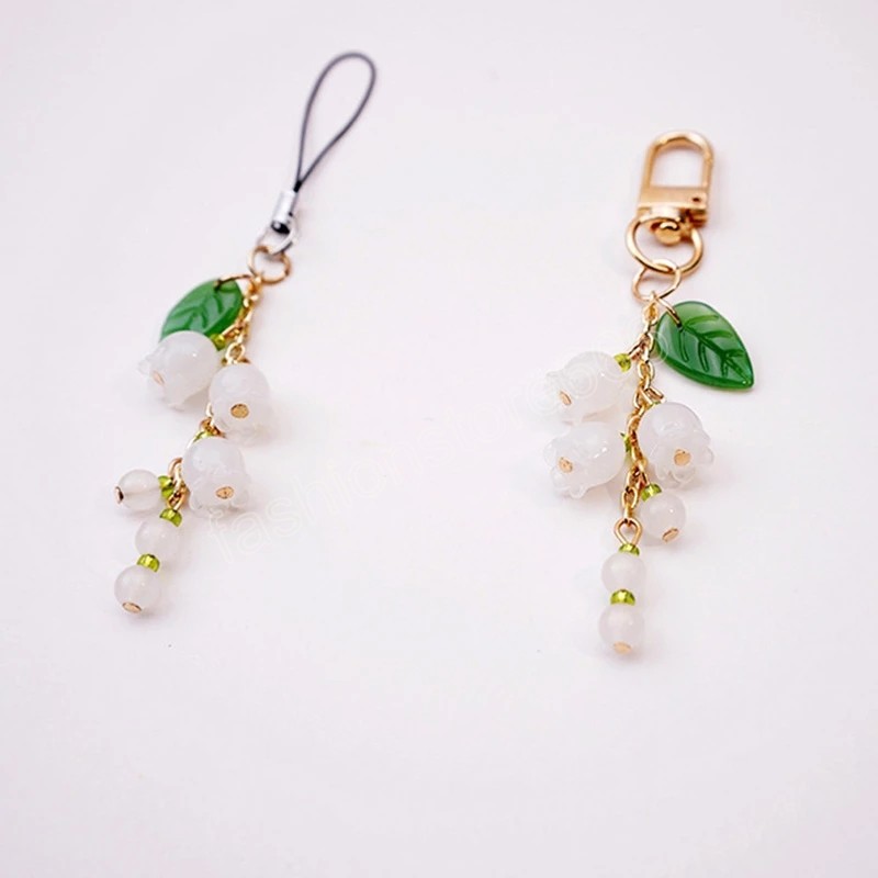 Creative Glass Lily of the Valley Key Chain Lanyards For Keys Bag Decor Hang Rope Flower Mobile Phone Strap Phone Charm Gifts
