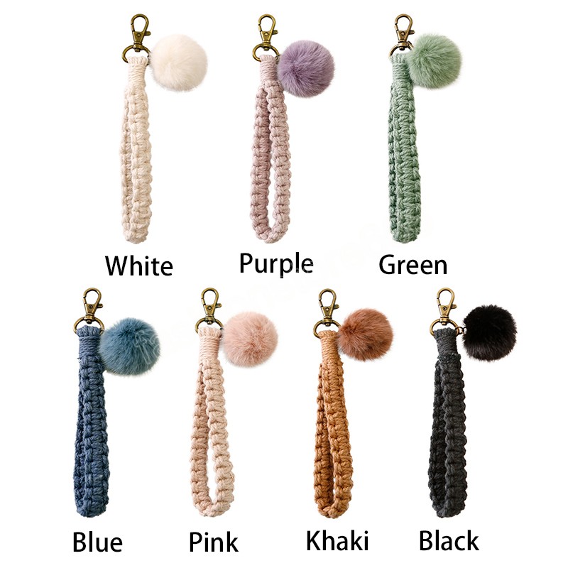 Macrame Woven Handmade Key chains Ornament Fur Ball Wrist Strap Keyring Personalized Car Keychain Keys Holder For Women