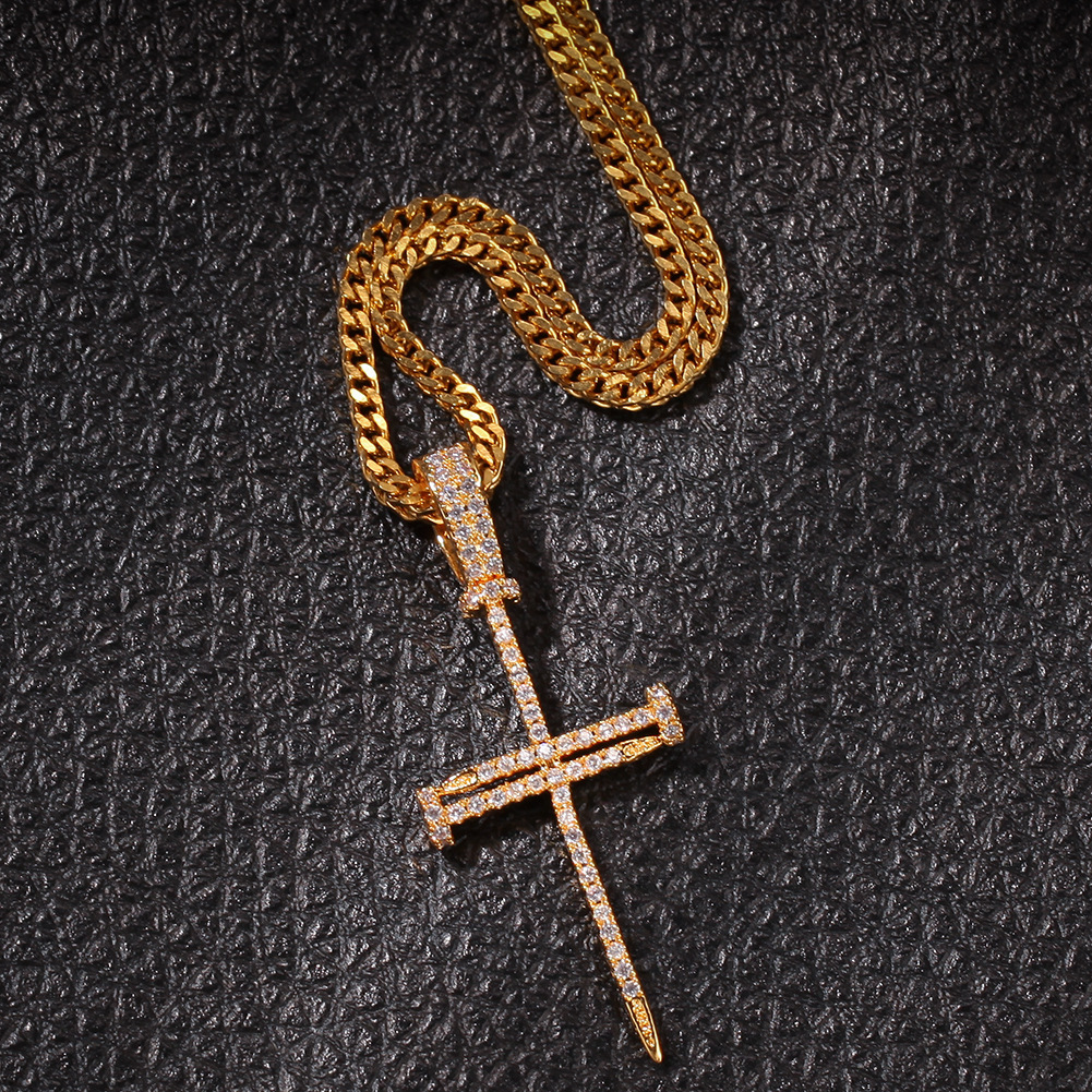Hip Hop Nail Cross Pendant Necklace TopBling Religious Jewelry Full Cubic Zirconia 18K Real Gold Plated