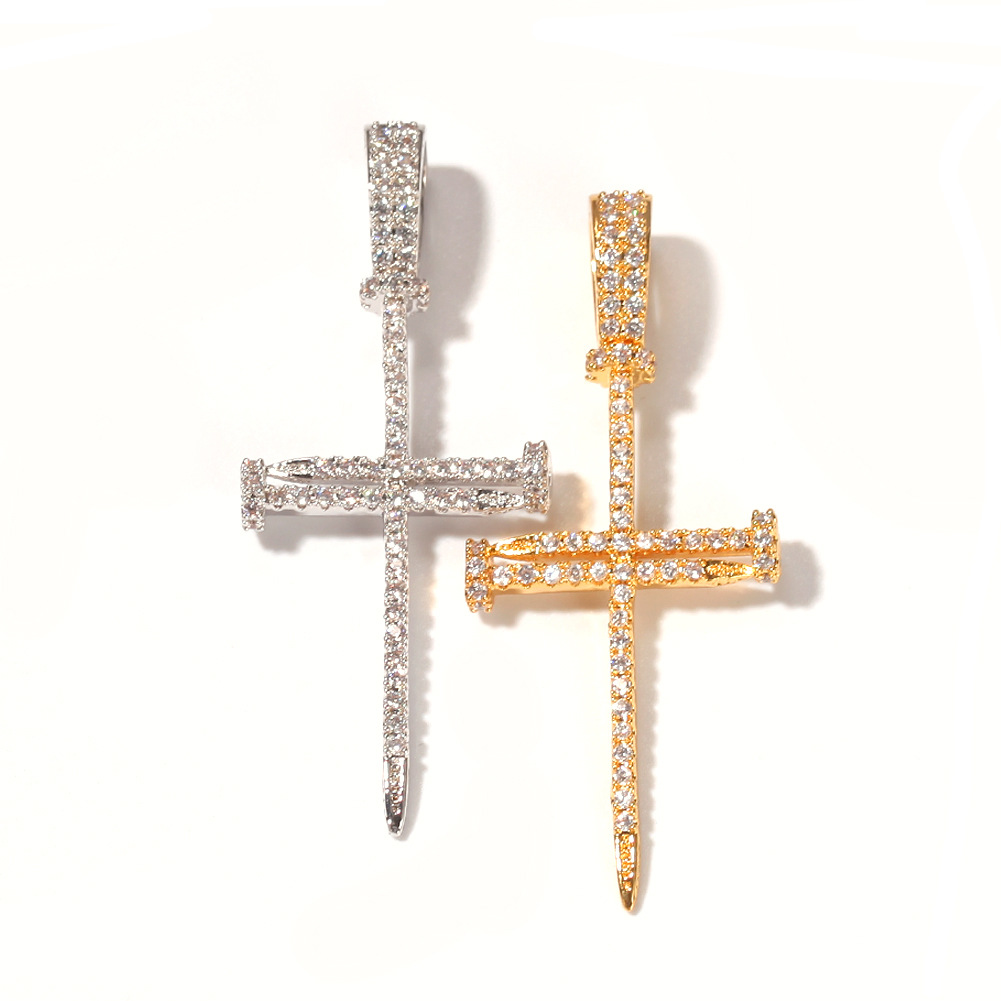 Hip Hop Nail Cross Pendant Necklace TopBling Religious Jewelry Full Cubic Zirconia 18K Real Gold Plated