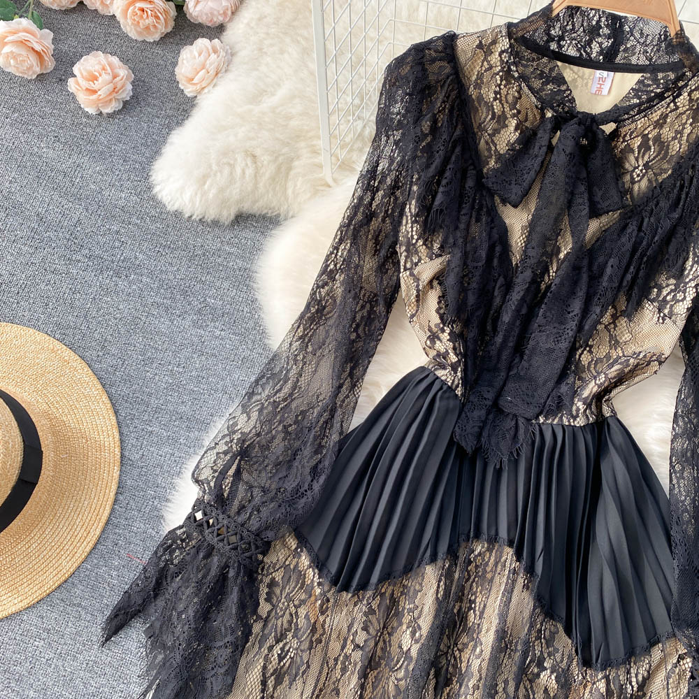 Spring Autumn Elegant Women Bow Lace Patchwork Dress Vintage Puff Sleeve Ruffled Long Dress Pleated Dress for Party 2023