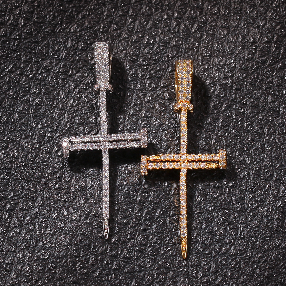 Hip Hop Nail Cross Pendant Necklace TopBling Religious Jewelry Full Cubic Zirconia 18K Real Gold Plated