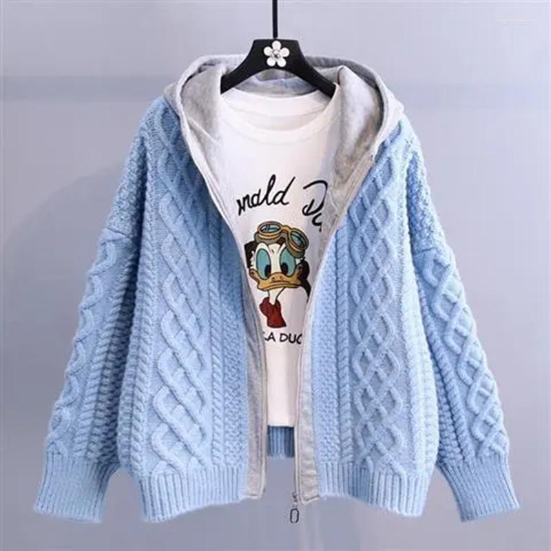 Women's Knits Spring Autumn Long Sleeve Sweater Cardigan Coat Women Korean Fashion Casual Knitted Female Hooded Jacket Zipper Blue