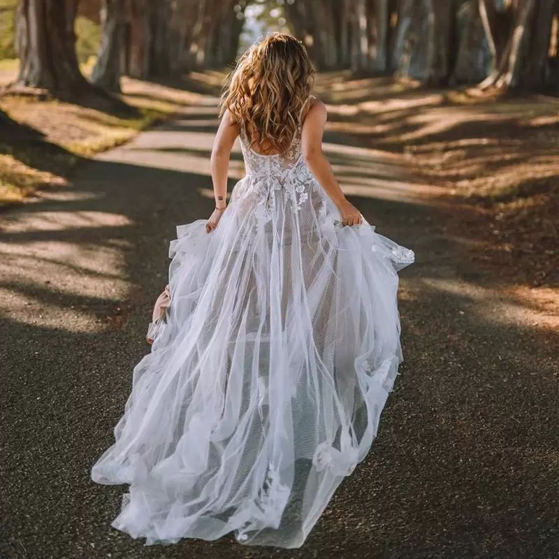 Boho Gorgeous Wedding Dresses Bridal Gown Lace Applique Tulle Sleeveless Spaghetti Straps Sweep Train A E Custom Made Vestido De Novia Plus Size