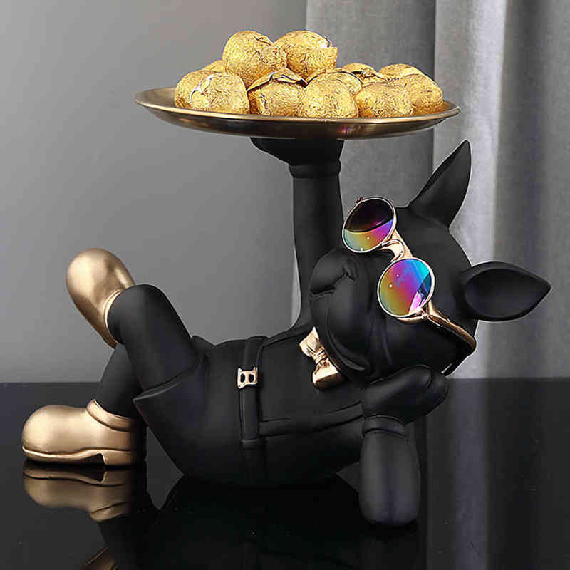 Decorative Objects Figurines French Bulldog Home Room Decoration Dog Statue Desk Decoration Decorative Stainless Steel Tray Animal Figurines Table Dec